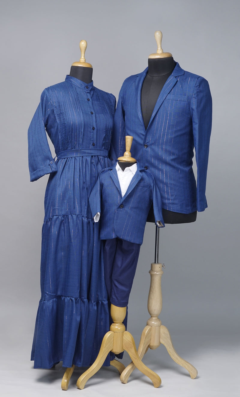 Elegant Blue Pinstripe Family Coordinated Outfit Set for Mom, Dad, and Baby Boy - Matching Family Party Wear