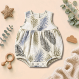 Tropical Leaf Print Sleeveless Gathered Baby Romper