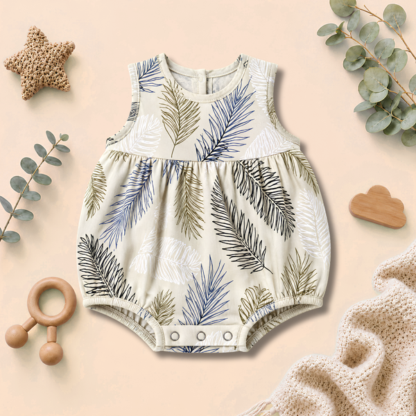 Tropical Leaf Print Sleeveless Gathered Baby Romper