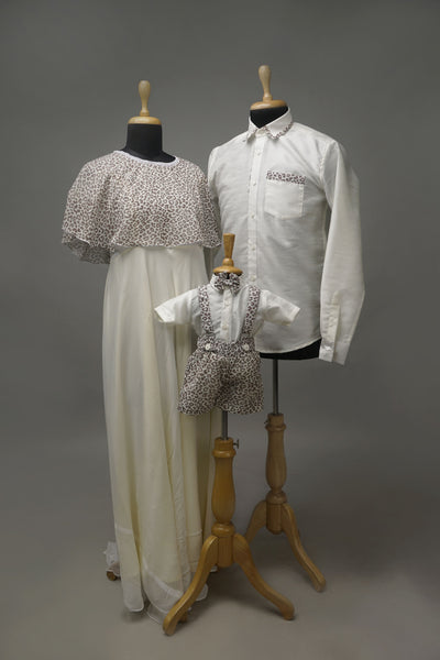 Leopard Print & Ivory Family Outfit Set - Matching mom dress, dad shirt & baby boy outfit with leopard print details.