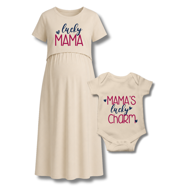 “Lucky Mama & Mini Charm Matching Maternity & Baby Outfit Set"