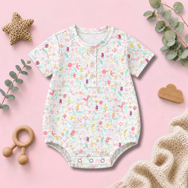 Pastel Garden Print Round-Neck Baby Button Romper