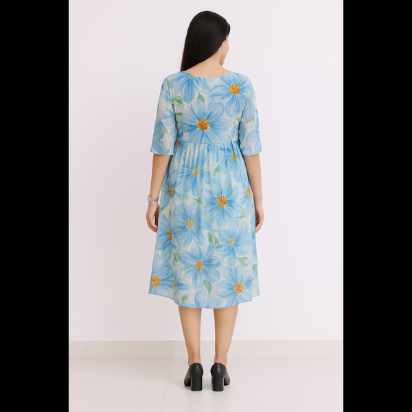 Floral Sky Blue Dress with Tie-Up Waist
