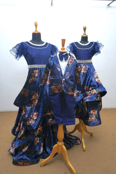Royal Blue Floral Family Coordinated Outfit Set with Mom's Gown, Daughter's Frock, and Son's Blazer & Pant Set