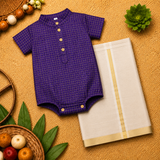 Royal Purple Checks Baby Ethnic Romper with Kasavu Dhoti