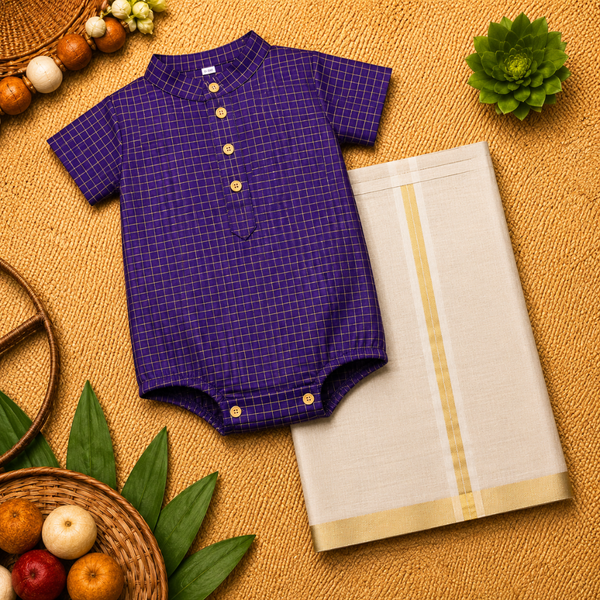 Royal Purple Checks Baby Ethnic Romper with Kasavu Dhoti