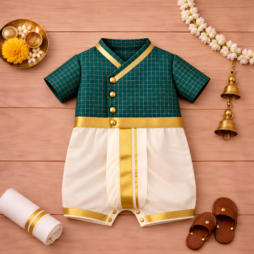 Emerald Green Checks Baby Ethnic Dhoti Romper