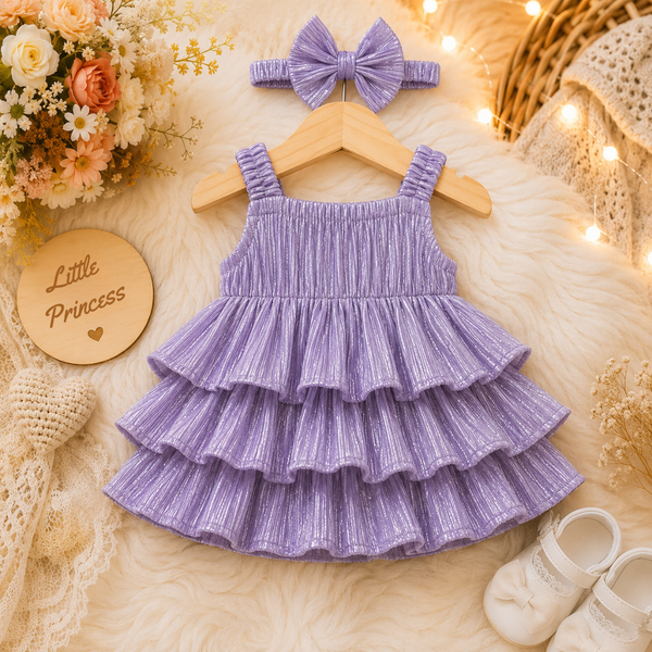 Lavender Premium Glitter Tiered Ruffle Party Dress with Matching Hair Bow