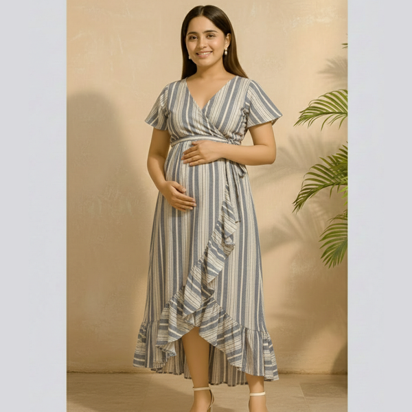 Mist blue Cotton Stripe Customised Maternity Wear.