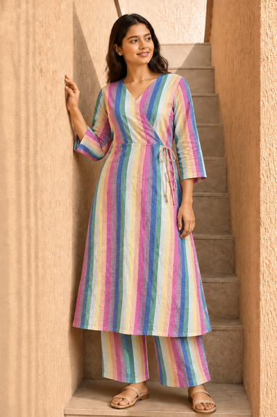 Pastel Rainbow Stripe Wrap Kurta & Pant Set