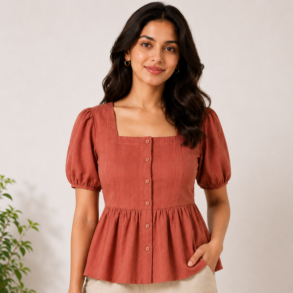 Rust Charm Textured Square Neck Peplum Top