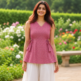 Cherry Check Sleeveless Tie-Up Peplum Top For Women