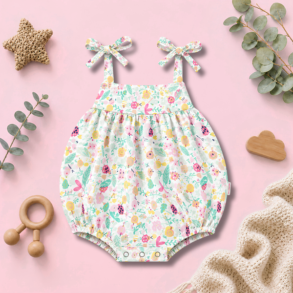 Pastel Garden Print Bow-Strap Baby Romper