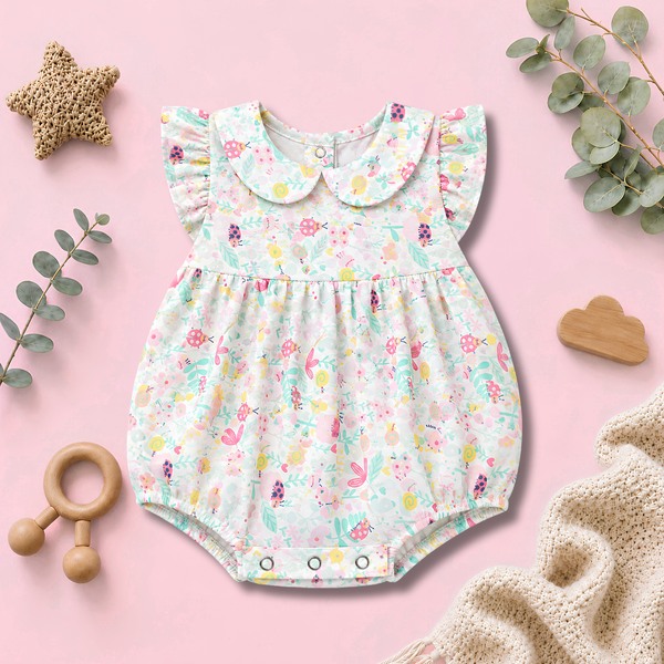 Pastel Garden Print Peter Pan Collar Ruffle Baby Romper Frock