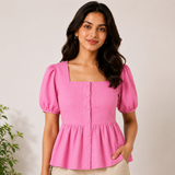 Candy Pink Puff Sleeve Peplum Top