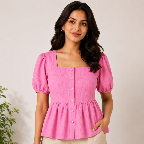 Candy Pink Puff Sleeve Peplum Top