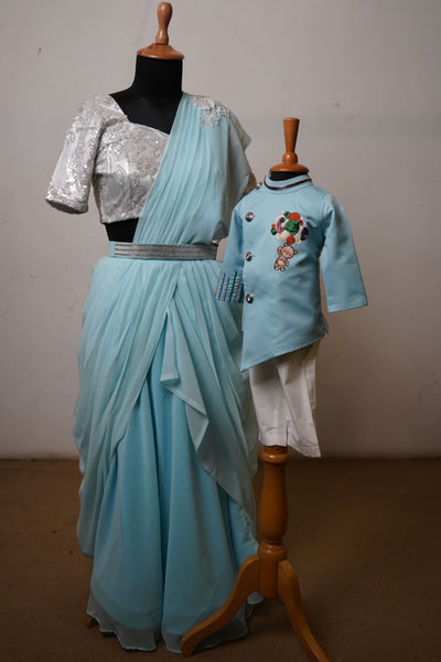Mom and baby boy matching outfit set in sky blue and silver with draped saree gown and embroidered kurta