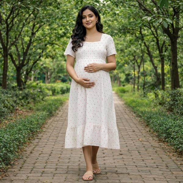 Cream Ikat Soft Cotton Customised Maternity Wear.