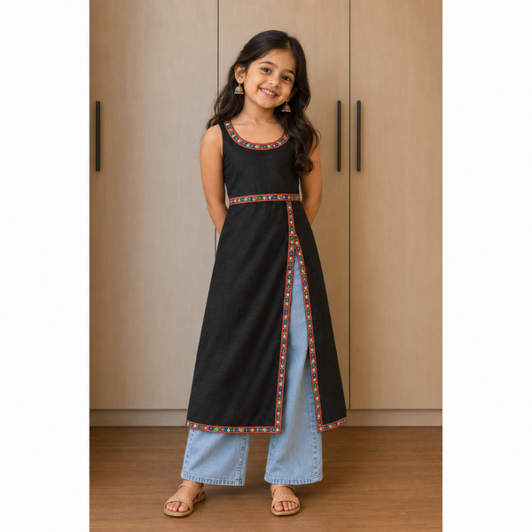 Navaratri Midnight Mosaic Raw Silk - Girl Kid Dress