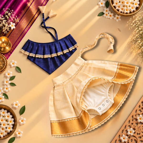 Royal Blue One-Shoulder Top with Kasavu Romper Skirt
