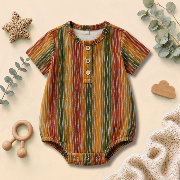 Rustic Multicolour Stripe Round-Neck Baby Button Romper