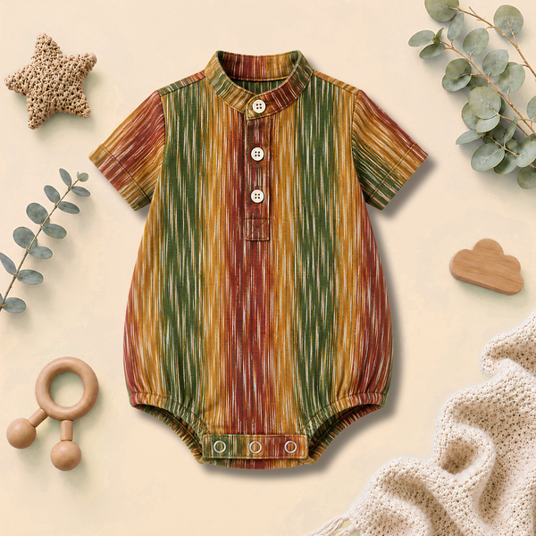 Rustic Multicolour Stripe Mandarin-Collar Baby Button Romper