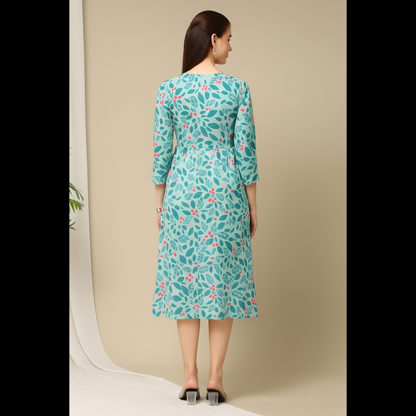 Teal Leaf-Print Midi Dress with Ruffle Hem