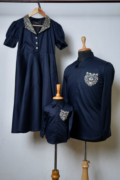 Family Matching Outfit in Navy Blue with Gold Embroidery – Dad Shirt, Mom Dress, Boy Shirt Set