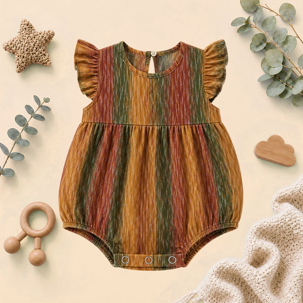 Rustic Multicolour Stripe Ruffle-Sleeve Baby Romper Frock