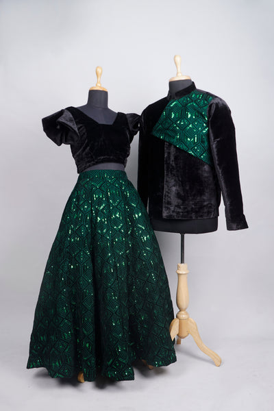 Emerald and black velvet couple matching outfit with geometric sequin embroidery