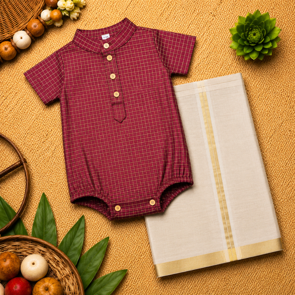 Classic Maroon Checks Baby Ethnic Romper with Kasavu Dhoti