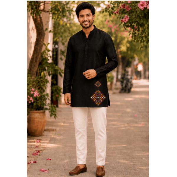 Navaratri Midnight Mosaic Raw Silk - Dad Kurta