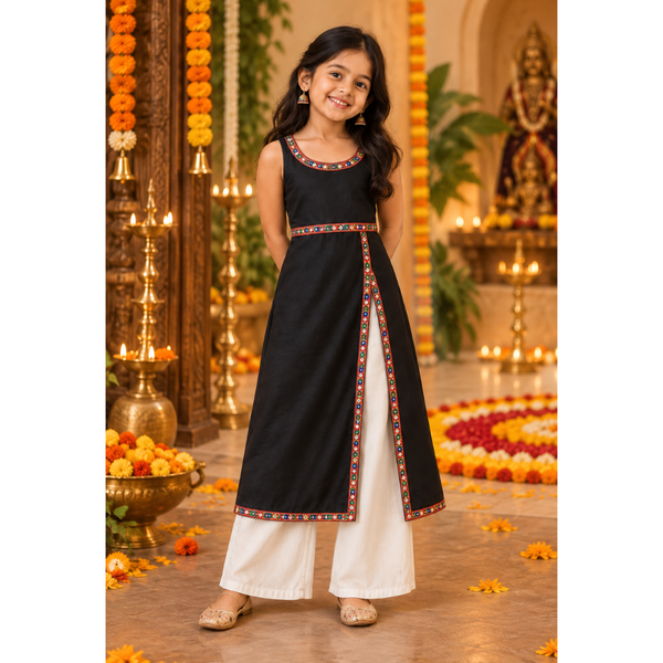 Navaratri Midnight Mosaic Raw Silk - Girl Kid Side Slit Kurti