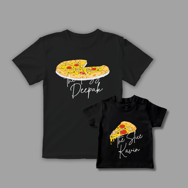 Dad and Kid "The Pizza and The Slice" Customized Black Colored Combo T-Shirt Collection
