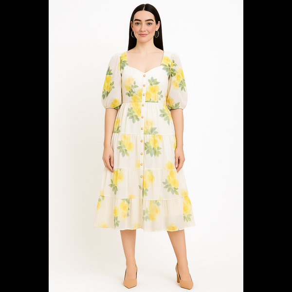 Sunshine Bloom Yellow Floral Tiered Midi Dress