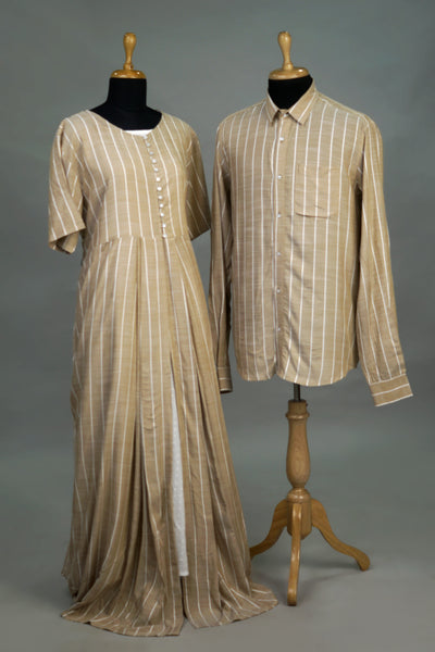 Beige striped cotton matching couplewear set with women's long dress and men's shirt on mannequin