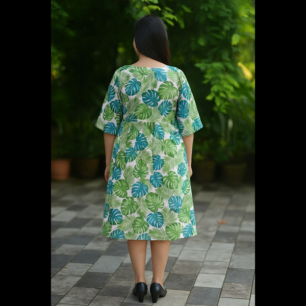 Tropical Leaf Printed Cotton Dress with Matching Belt