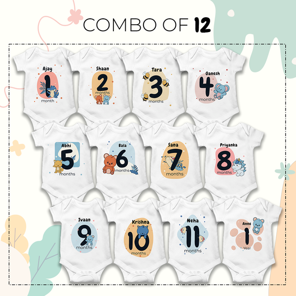 12 Month Personalized Monthly Baby Romper Combo Pack