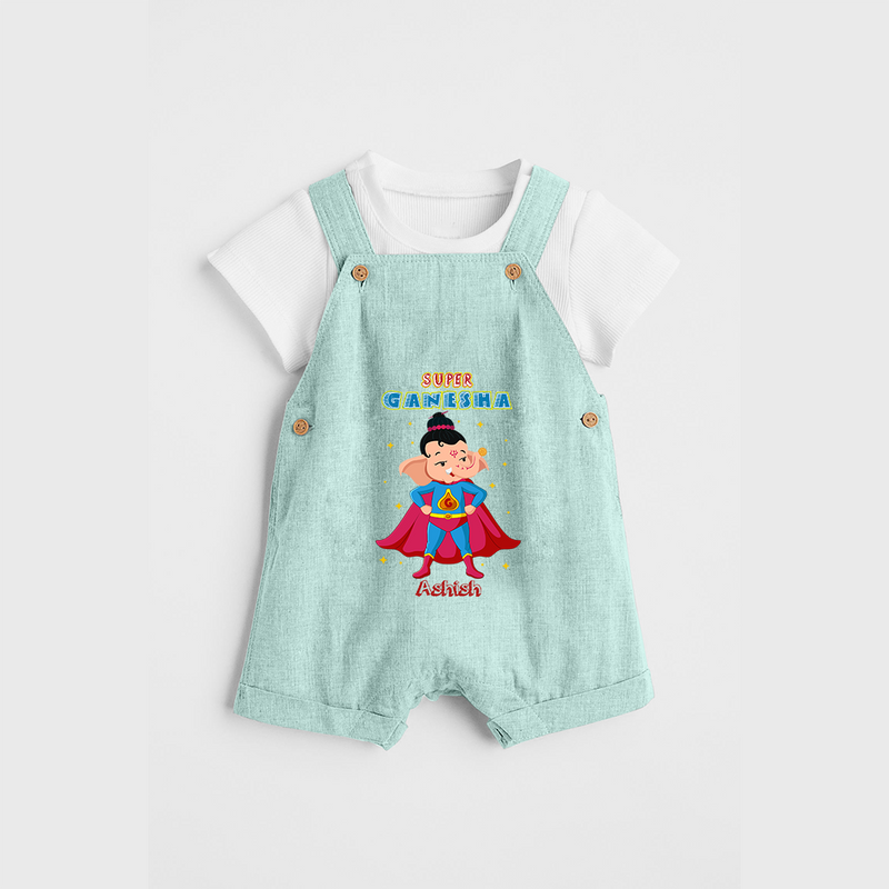 Super Ganesha - Customized Dungaree Set For Kids - ARCTIC BLUE - 0 - 5 Months Old (Chest 18")