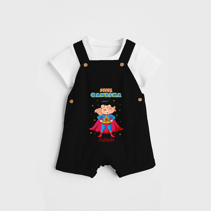 Super Ganesha - Customized Dungaree Set For Kids - BLACK - 0 - 5 Months Old (Chest 18")