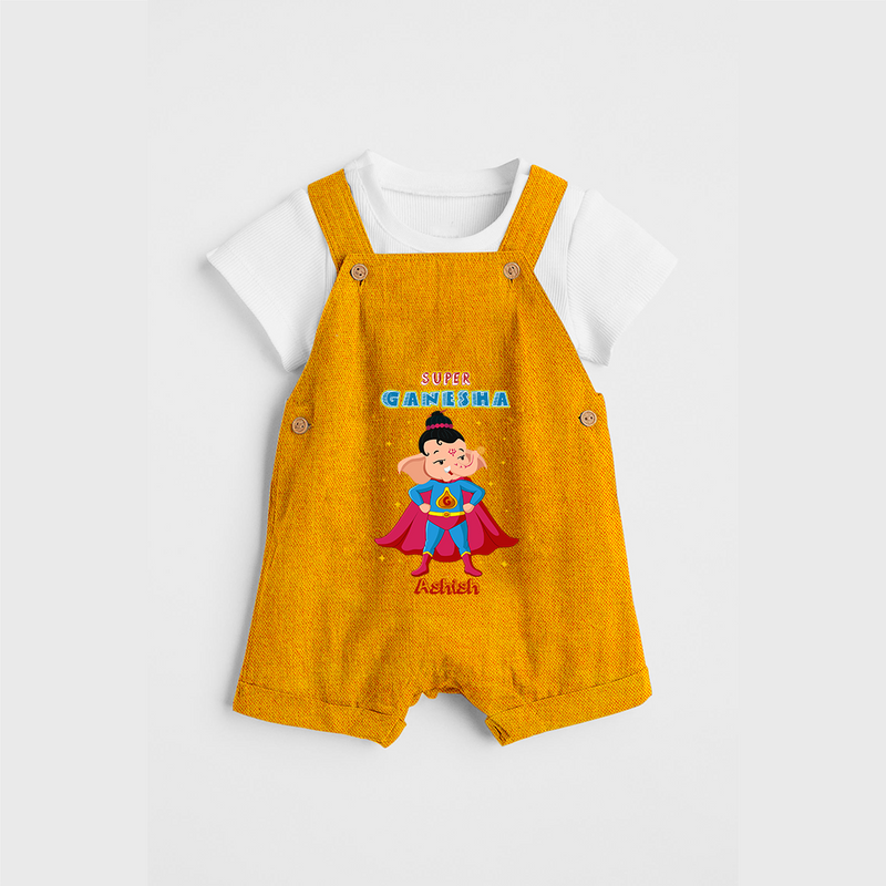 Super Ganesha - Customized Dungaree Set For Kids - CHROME YELLOW - 0 - 5 Months Old (Chest 18")