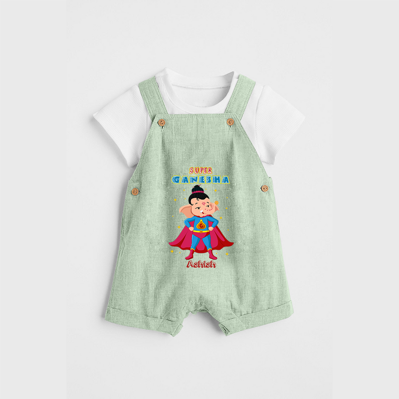 Super Ganesha - Customized Dungaree Set For Kids - MINT GREEN - 0 - 5 Months Old (Chest 18")