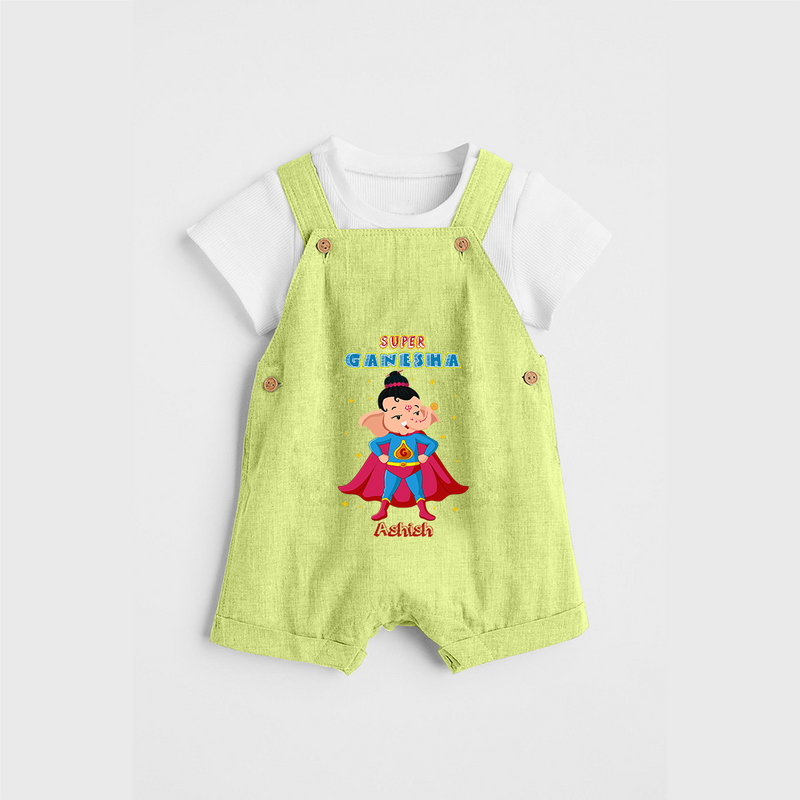 Super Ganesha - Customized Dungaree Set For Kids - PASTEL GREEN - 0 - 5 Months Old (Chest 18")