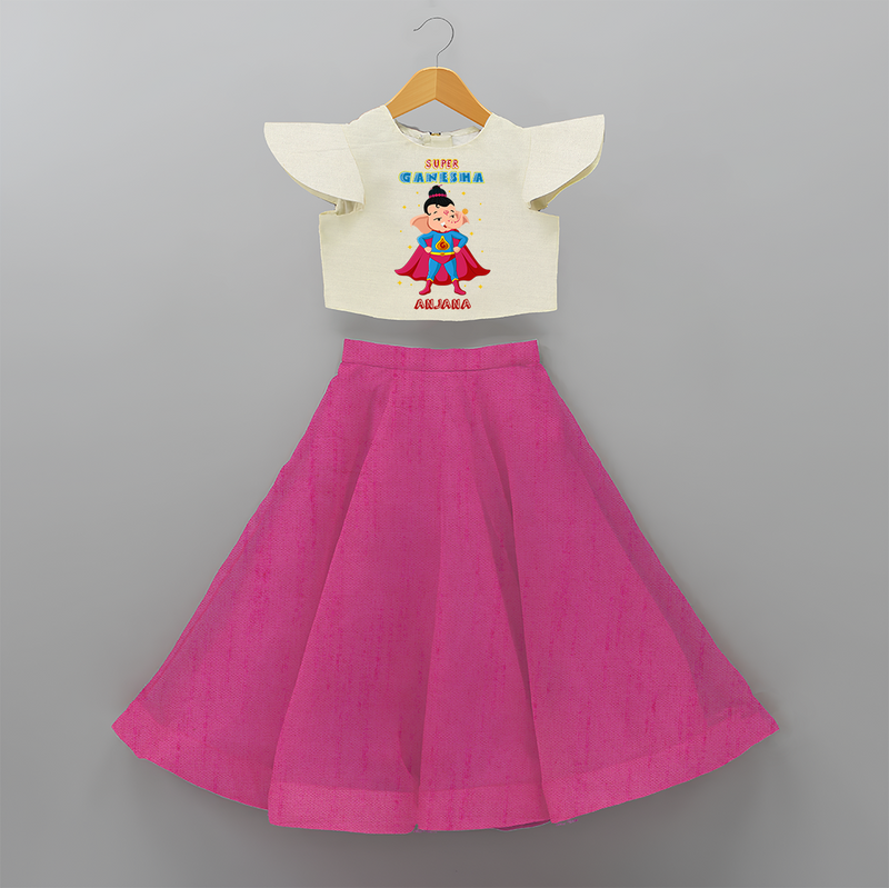 Super Ganesha - Customized Crop Top And Skirt For Kids - FUSCHIA - 6 - 9 Months Old (Chest 20" , Frock Waist 20")