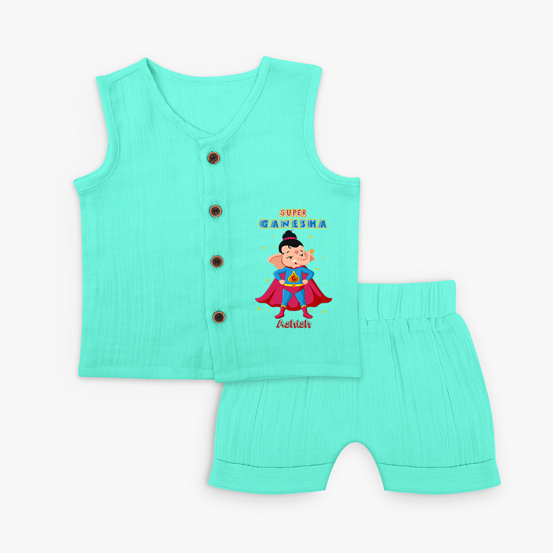 Super Ganesha - Customized Jabla Set For Kids - AQUA GREEN - 0 - 3 Months Old (Chest 9.8")