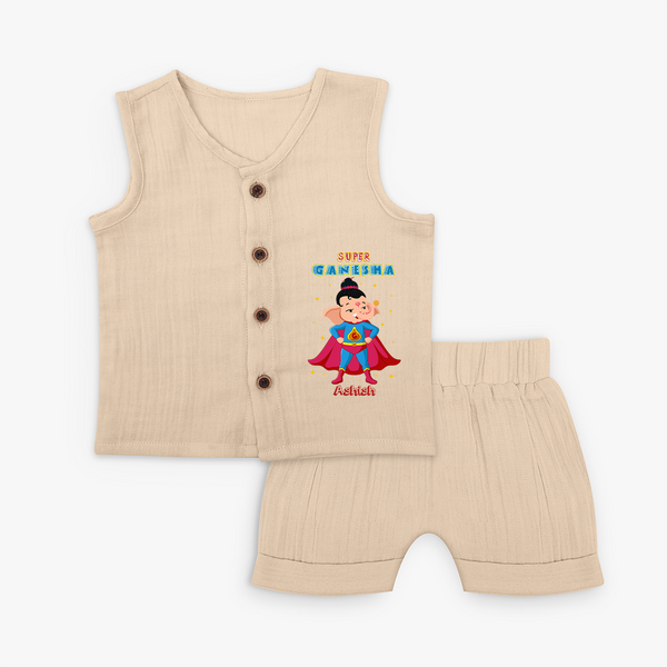 Super Ganesha - Customized Jabla Set For Kids - CREAM - 0 - 3 Months Old (Chest 9.8")