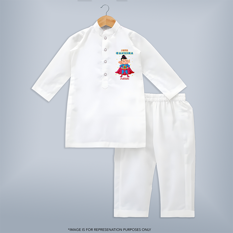 Super Ganesha - Customized Kurta Set For Kids - WHITE - 3-6 Month Old (Chest 24", Kurta Length 14'', Waist 19", Pant Length 14")