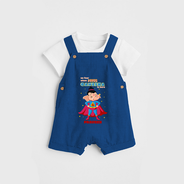 No Fear When Super Ganesha Is Here - Customized Dungaree Set For Kids - COBALT BLUE - 0 - 5 Months Old (Chest 18")