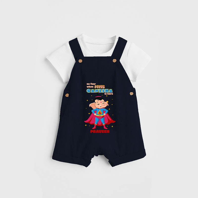 No Fear When Super Ganesha Is Here - Customized Dungaree Set For Kids - NAVY BLUE - 0 - 5 Months Old (Chest 18")