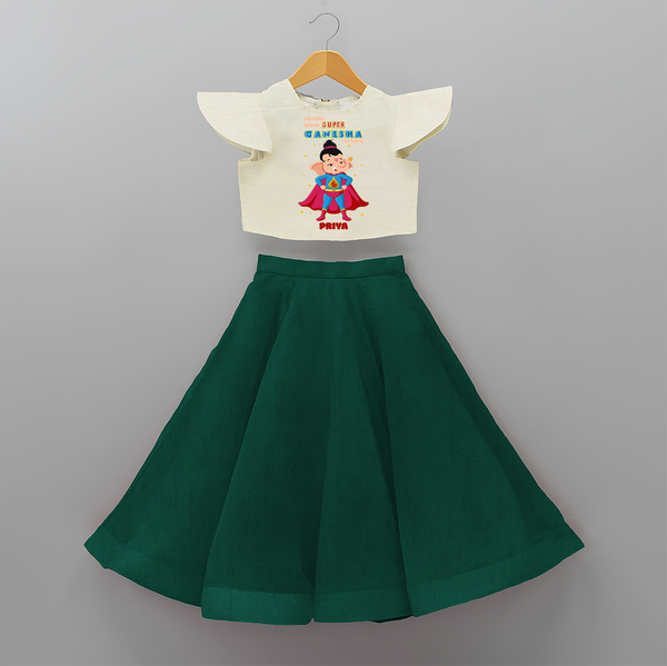 No Fear When Super Ganesha Is Here - Customized Crop Top And Skirt For Kids - BOTTLE GREEN - 6 - 9 Months Old (Chest 20" , Frock Waist 20")